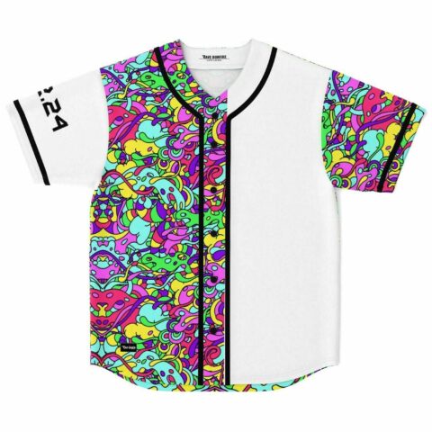 White rave baseball jersey with dense psychedelic swirl print down front panel and sleeve