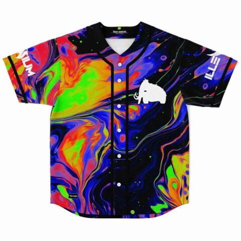 Neon acid trip liquid swirl baseball jersey with white mammoth graphic front view