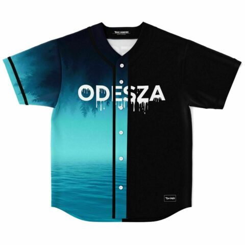 Front view of teal misty forest and black split baseball jersey with dripping ODESZA text