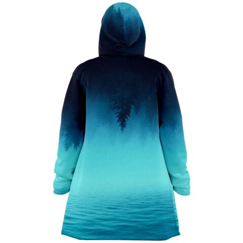 Navy turquoise ombre cloak with silhouetted treeline print, back view