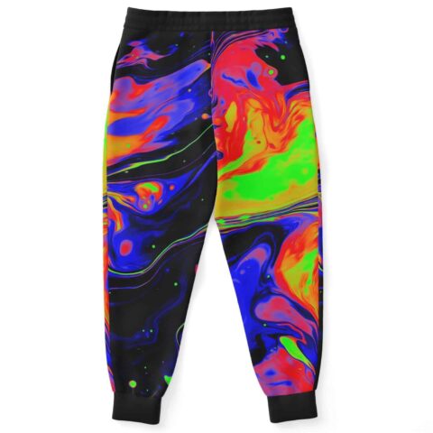 Neon marbled swirl joggers showing blue red and green fluid pattern, back view