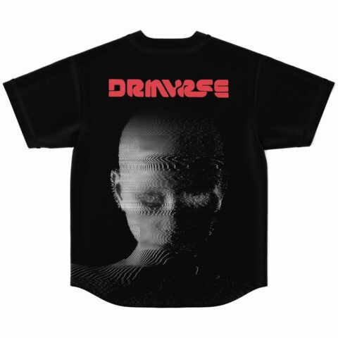 Back view of black jersey with glitchy scan face graphic and red DRMVRSE text