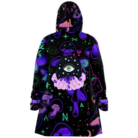 Back view of mushroom cloak showing celestial eye graphic with hands and neon occult symbols