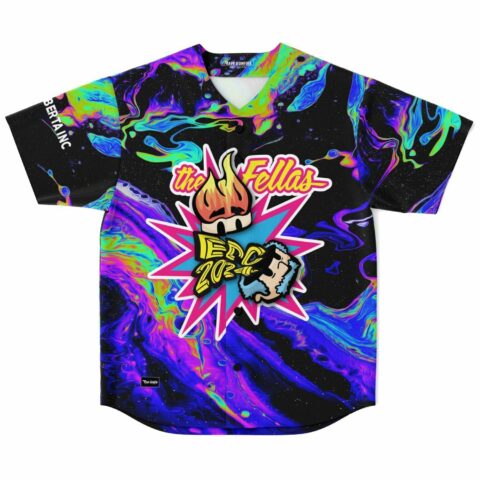 Oil slick swirl rave baseball jersey with the Fellas EDC 2024 patch front view