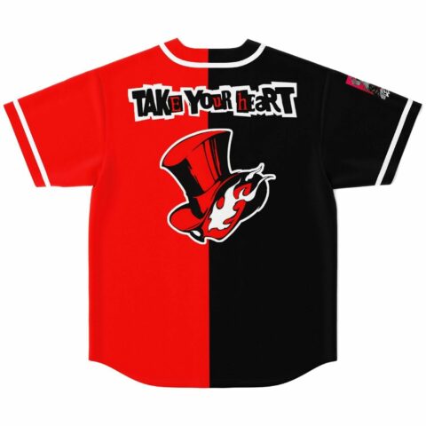 Take your heart top hat graphic on split black and red baseball jersey back view