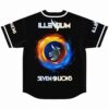 Fire and water yin yang design on black jersey back with festival-themed lettering above