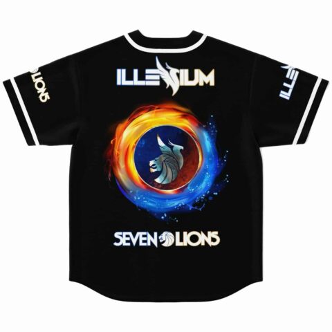 Fire and water yin yang design on black jersey back with festival-themed lettering above