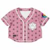 Pink geometric rave cropped baseball jersey with colorful sleeves
