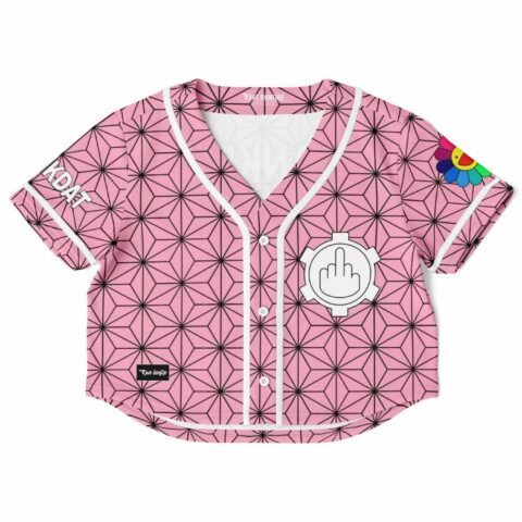 Cropped baseball jersey with geometric pink pattern and colorful sleeves