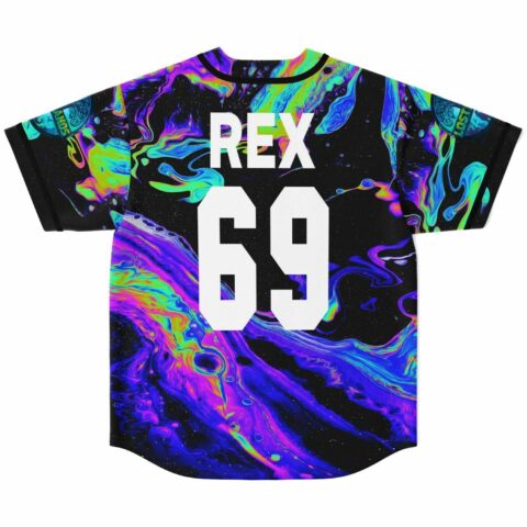 Back view of rave baseball jersey showing REX 69 lettering over holographic liquid swirl pattern