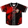 Red and black marbled rave baseball jersey with mushroom character patch on chest, front view