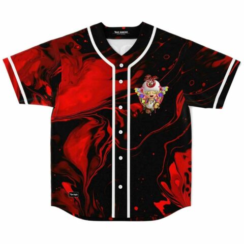 Red and black marbled rave baseball jersey with mushroom character patch on chest, front view