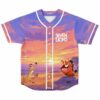 Savanna sunset baseball jersey flat lay front view, festival logo text, meerkat and warthog characters