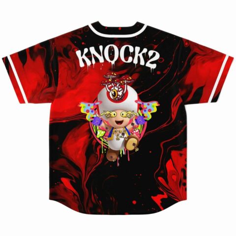 Back view of red black psychedelic jersey with KNOCK2 text and cartoon mushroom character graphic