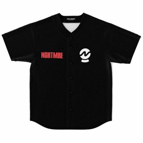 Black rave baseball jersey with red NGHTMRE text and white crystal ball logo on chest