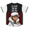 White baseball jersey back with white fur coat cartoon character and text I'll slap