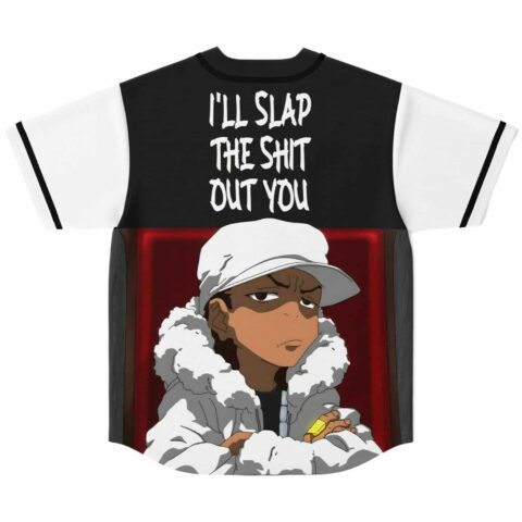 White baseball jersey back with white fur coat cartoon character and text I'll slap