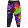 Black abstract fluid rave joggers with neon marbled swirl print, front view