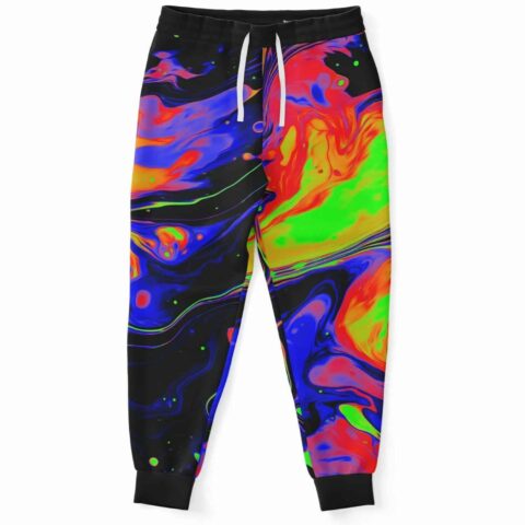 Black abstract fluid rave joggers with neon marbled swirl print, front view