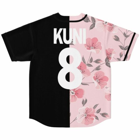 Cherry blossom half jersey back view with KUNI 8 lettering on black panel