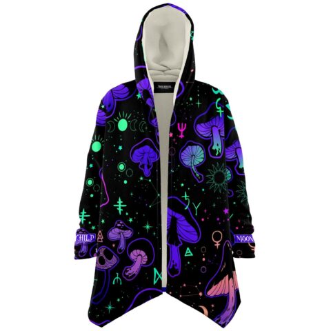 Front view black rave cloak with mushroom moon phase print and Moon Child cuff text