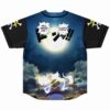 Anime-inspired baseball jersey back with full moon silhouette scene and speech bubbles reading will never