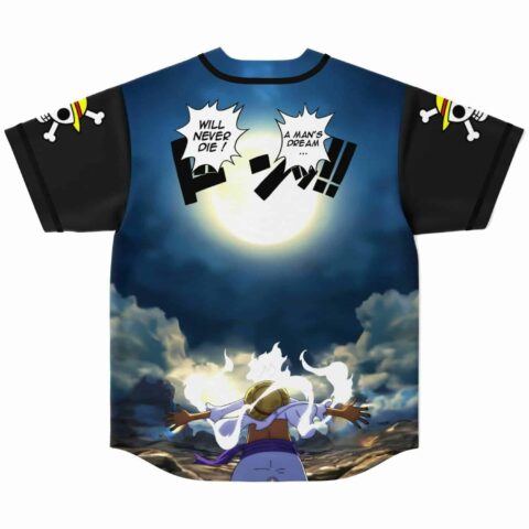 Anime-inspired baseball jersey back with full moon silhouette scene and speech bubbles reading will never