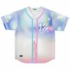 Pastel cloudscape rave baseball jersey with silhouetted figure and 1% arrow, front view