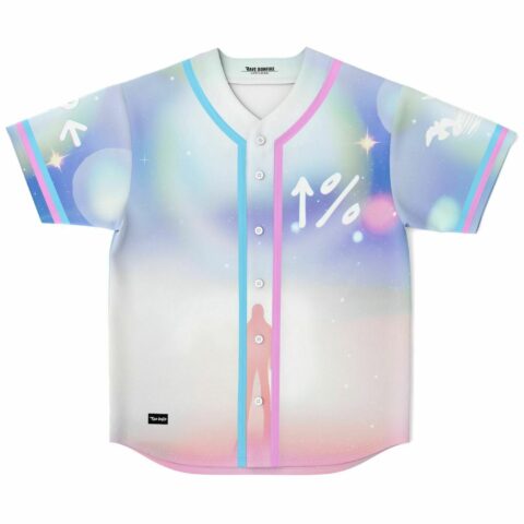 Pastel cloudscape rave baseball jersey with silhouetted figure and 1% arrow, front view