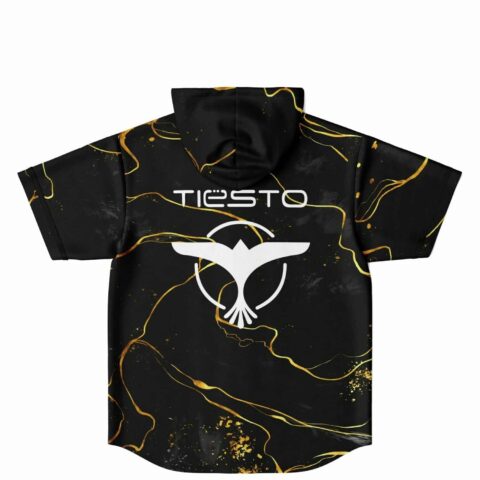 Back view of black gold marble hoodie jersey with Tiesto text above bird emblem