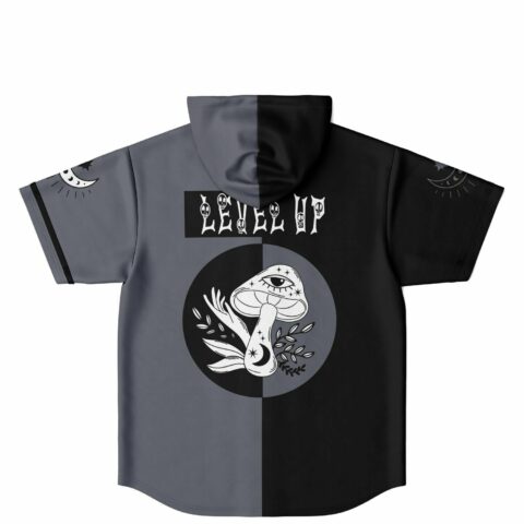 Level Up mystic mushroom graphic on split black and grey hooded jersey back view