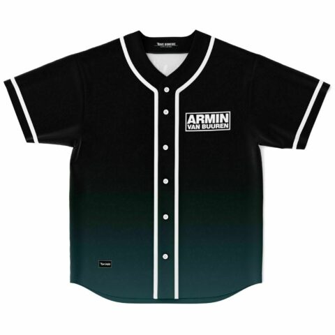 Black to teal ombre baseball jersey front view with boxed DJ name print
