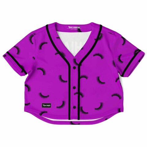 Purple cropped baseball jersey with eyelash graphic pattern