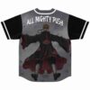 Grey storm cloud jersey back print featuring falling robed figure and All Mighty Push text