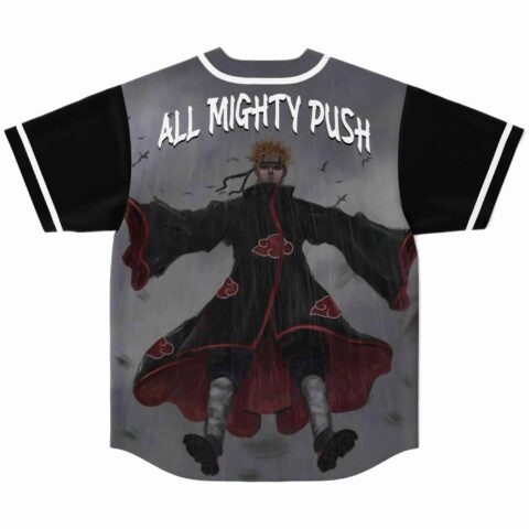 Grey storm cloud jersey back print featuring falling robed figure and All Mighty Push text