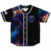 Front view of black baseball jersey with psychedelic fractal swirl print and trippy face medallion