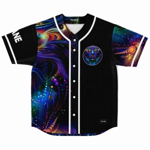 Front view of black baseball jersey with psychedelic fractal swirl print and trippy face medallion