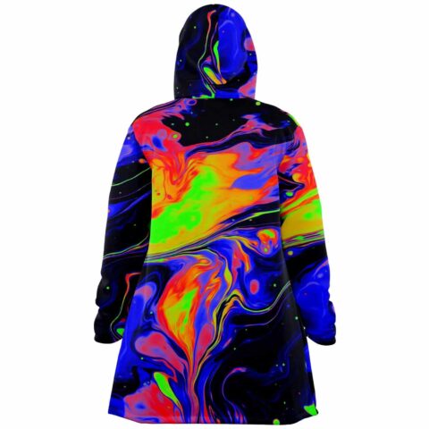 Neon oil swirl rave cloak back view showing full liquid paint print