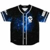 Black starry galaxy rave baseball jersey with blue nebula print and geometric emblem front view