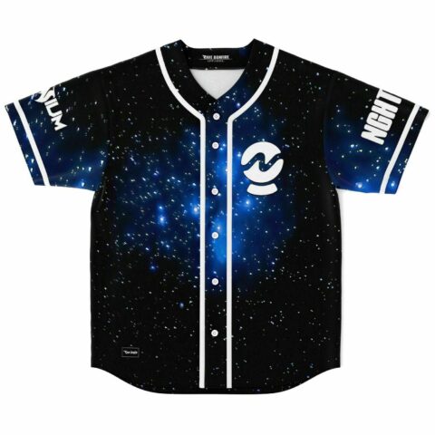 Black starry galaxy rave baseball jersey with blue nebula print and geometric emblem front view