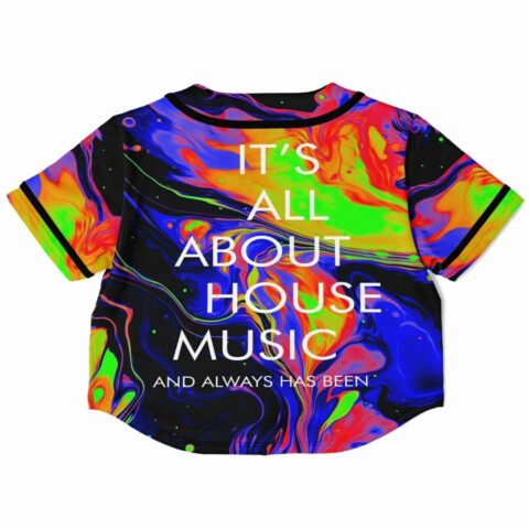 Cropped baseball jersey back view with vibrant swirling colors and text