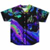 Black psychedelic liquid rave baseball jersey with neon oil-slick swirl print and clawed dinosaur graphic