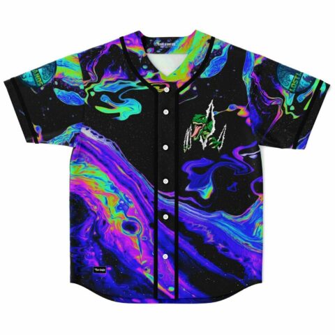 Black psychedelic liquid rave baseball jersey with neon oil-slick swirl print and clawed dinosaur graphic