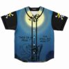 Flat lay front view of deep blue anime fan rave baseball jersey with button placket