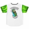 Back view of white jersey showing smoking pickle character and wanna get high text