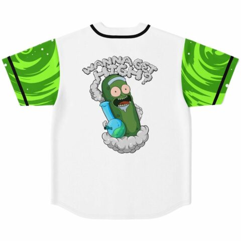 Back view of white jersey showing smoking pickle character and wanna get high text