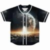 Front view of cosmic astronaut rave baseball jersey with glowing planet and asteroid field design