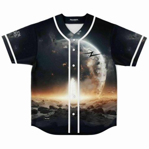 Front view of cosmic astronaut rave baseball jersey with glowing planet and asteroid field design