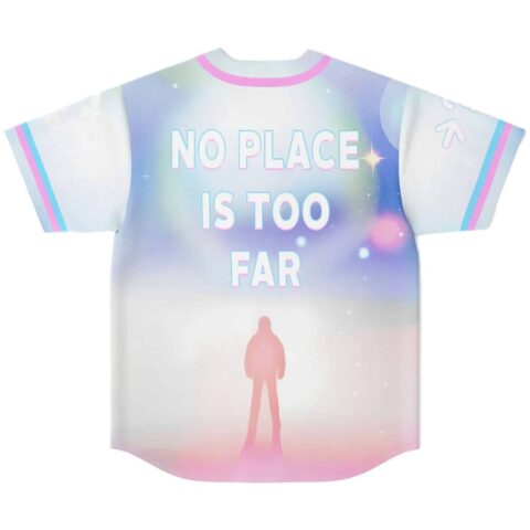 Ethereal cloudy jersey back print reading no place is too far above a glowing silhouette