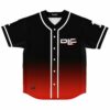 Black to red ombre baseball jersey with glitch-style DLC logo on chest, front view